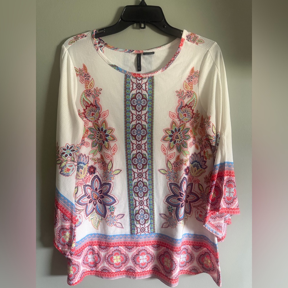 New Directions Floral Boho Peasant blouse bell split sleeves size medium